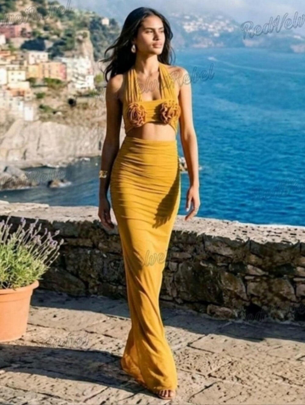 NWT Elegant Rosette Halter Neck Mesh Ibiza Festival Resort Bodycon Maxi Dress